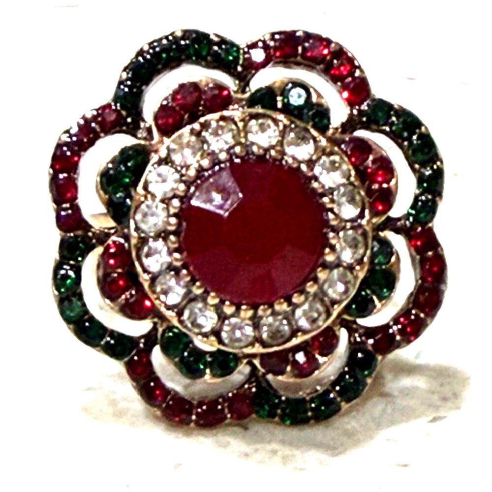 NWT Gold Tone Red Green Rhinestone Floral Statement Ring Adjustable